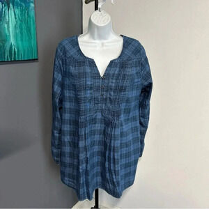 Women's 14/16 Blue Plaid Babydoll Tunic Top Pin Tuck‎ 1/4 Button Cotton Cowgirl